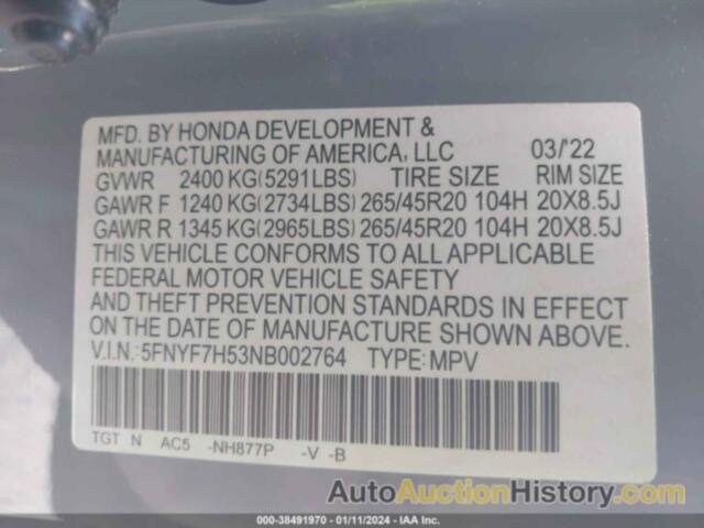 HONDA PASSPORT 2WD EX-L, 5FNYF7H53NB002764