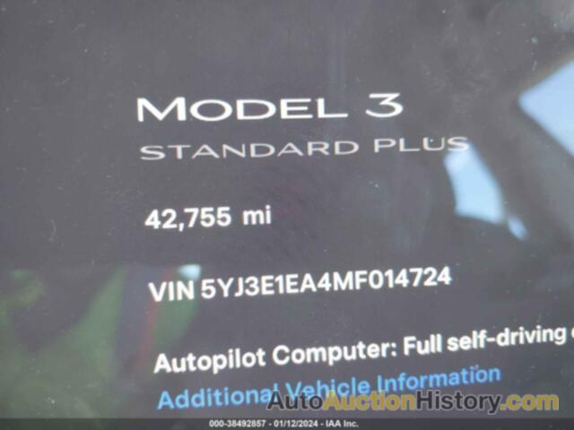 TESLA MODEL 3 STANDARD RANGE PLUS REAR-WHEEL DRIVE, 5YJ3E1EA4MF014724