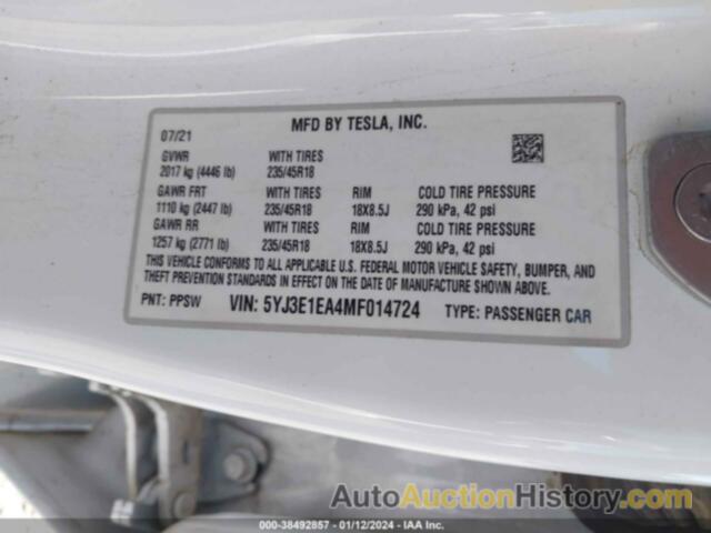 TESLA MODEL 3 STANDARD RANGE PLUS REAR-WHEEL DRIVE, 5YJ3E1EA4MF014724