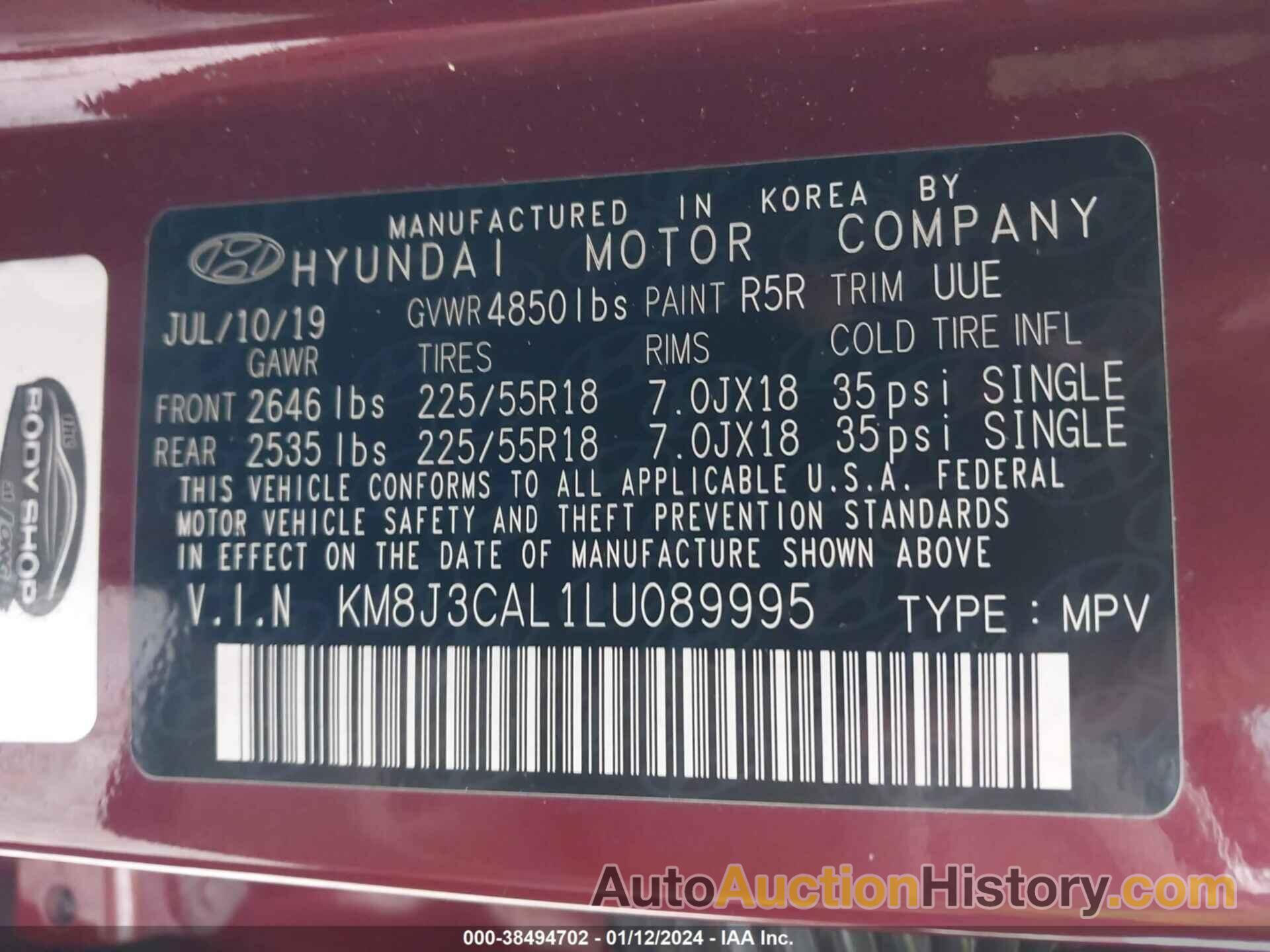 HYUNDAI TUCSON ULTIMATE, KM8J3CAL1LU089995