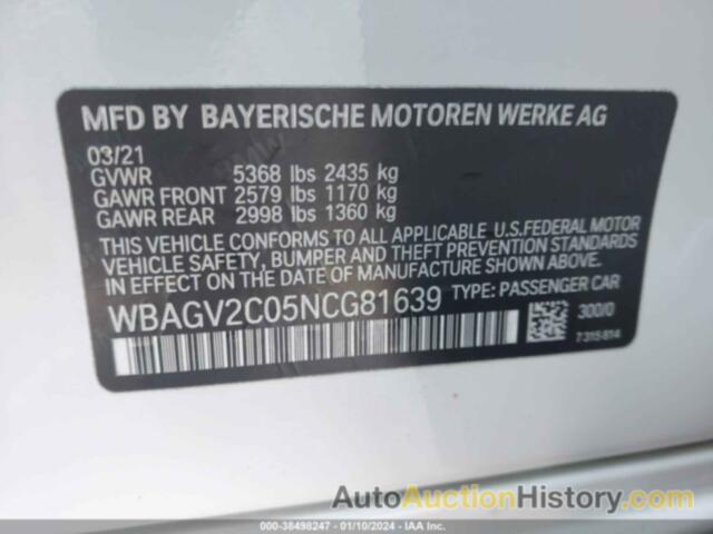 BMW 840I GRAN COUPE, WBAGV2C05NCG81639