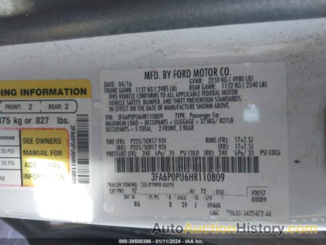 FORD FUSION ENERGI SE LUXURY, 3FA6P0PU6HR110809