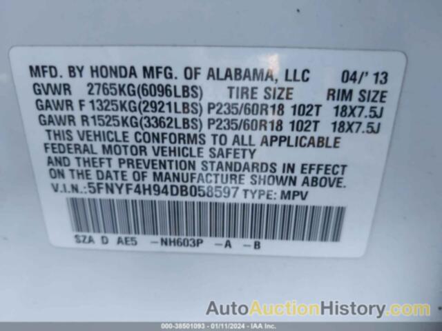 HONDA PILOT TOURING, 5FNYF4H94DB058597