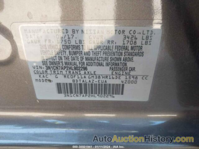 NISSAN VERSA 1.6 S+, 3N1CN7AP2HL902296