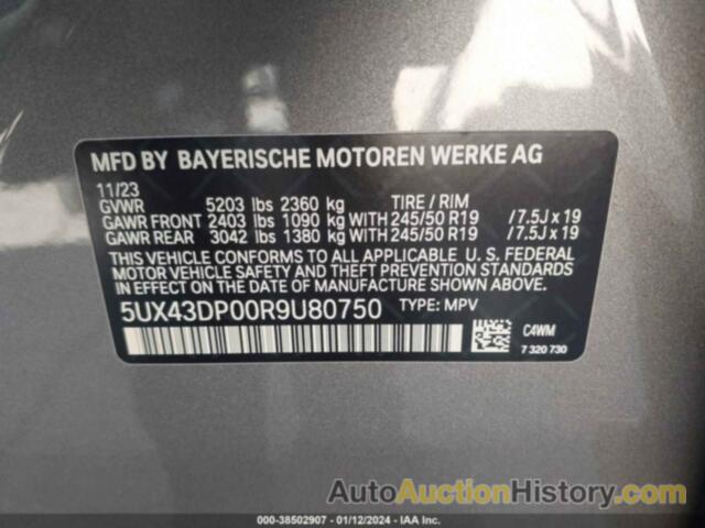 BMW X3 SDRIVE30I, 5UX43DP00R9U80750