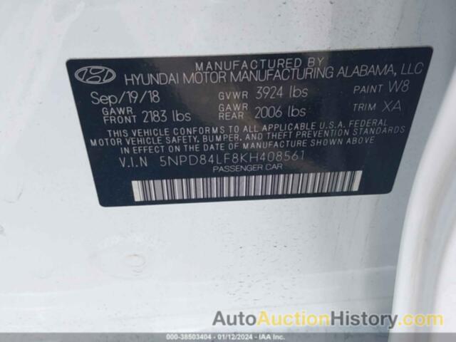 HYUNDAI ELANTRA SEL, 5NPD84LF8KH408561