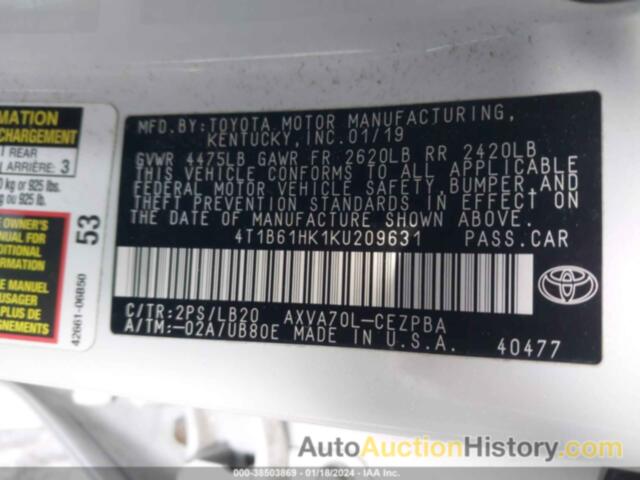 TOYOTA CAMRY XSE, 4T1B61HK1KU209631