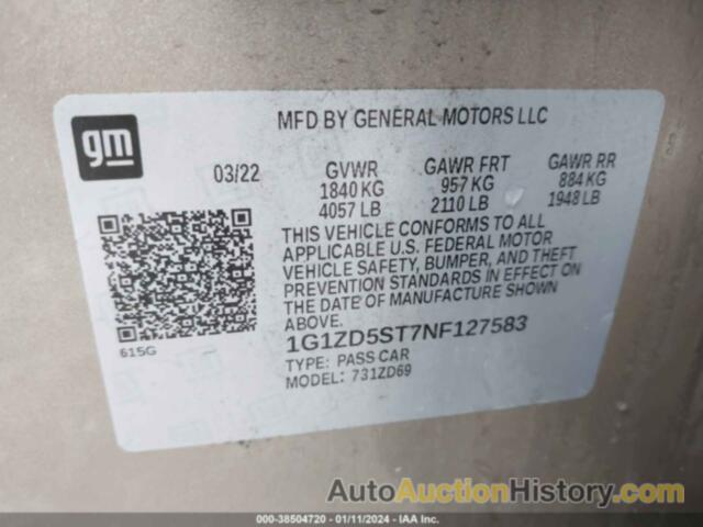 CHEVROLET MALIBU FWD LT, 1G1ZD5ST7NF127583