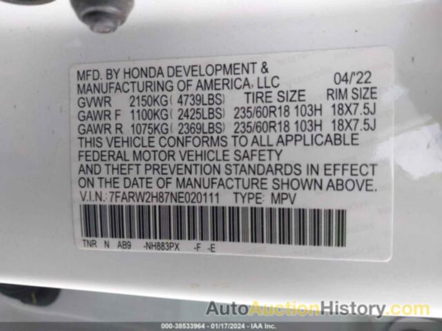 HONDA CR-V AWD EX-L, 7FARW2H87NE020111