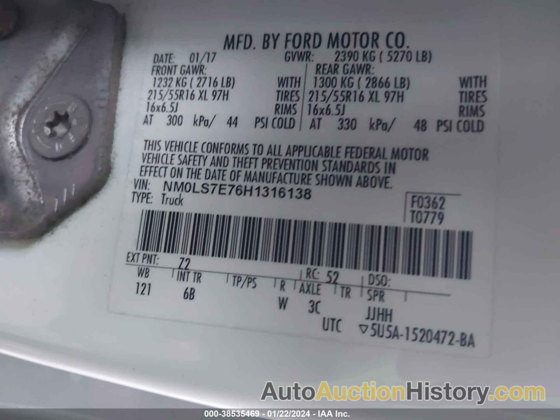 FORD TRANSIT CONNECT XL, NM0LS7E76H1316138