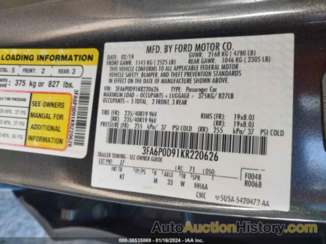 FORD FUSION TITANIUM, 3FA6P0D91KR220626