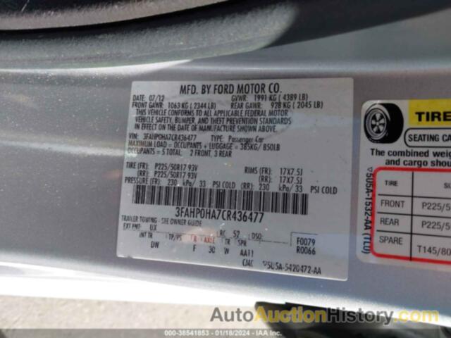 FORD FUSION SE, 3FAHP0HA7CR436477