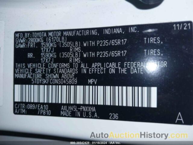 TOYOTA SIENNA XLE, 5TDYSKFC0NS045809