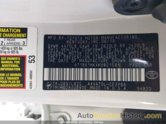 TOYOTA CAMRY XSE, 4T1B61HK4KU821581