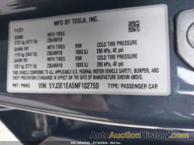 TESLA MODEL 3 REAR-WHEEL DRIVE, 5YJ3E1EA5NF102750