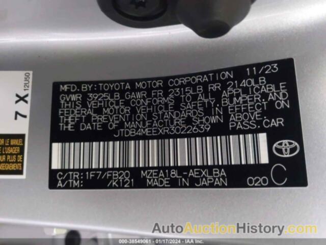 TOYOTA COROLLA LE, JTDB4MEEXR3022639