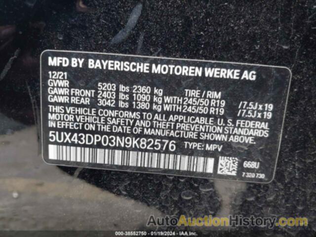 BMW X3 SDRIVE30I, 5UX43DP03N9K82576