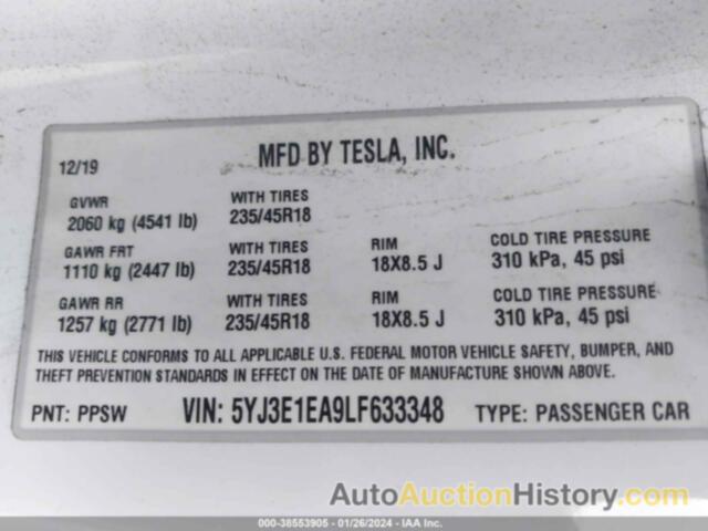 TESLA MODEL 3 STANDARD RANGE PLUS REAR-WHEEL DRIVE/STANDARD RANGE REAR-WHEEL DRIVE, 5YJ3E1EA9LF633348
