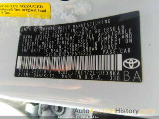 TOYOTA COROLLA LE, 5YFBURHE3GP516922