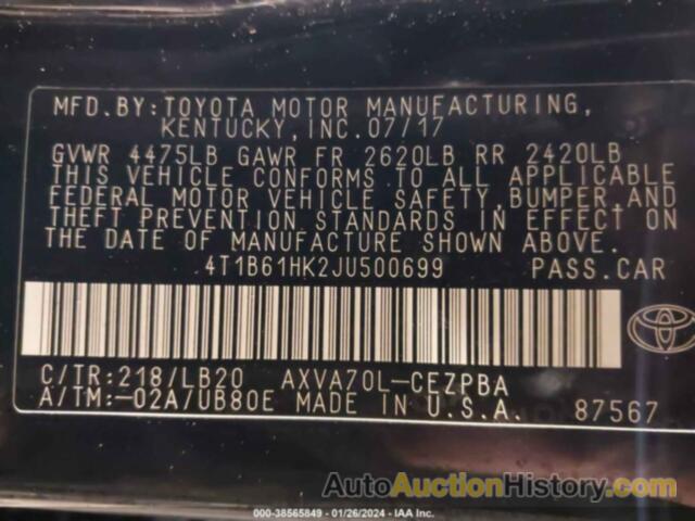 TOYOTA CAMRY XSE, 4T1B61HK2JU500699