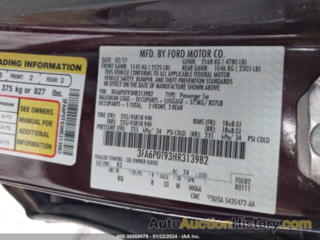 FORD FUSION SE, 3FA6P0T93HR313982