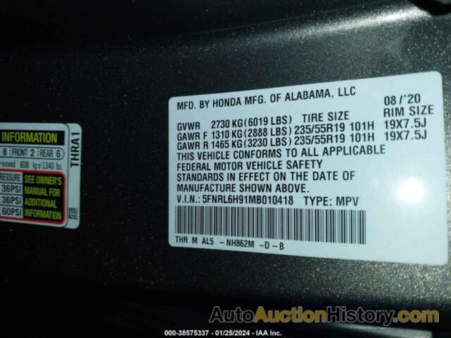 HONDA ODYSSEY ELITE, 5FNRL6H91MB010418