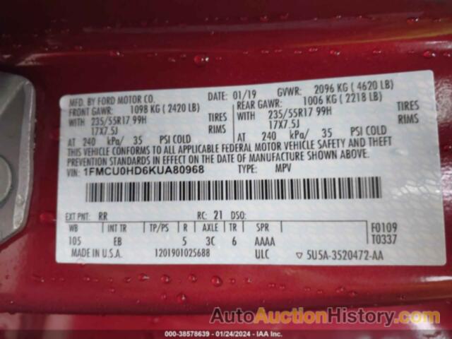 FORD ESCAPE SEL, 1FMCU0HD6KUA80968