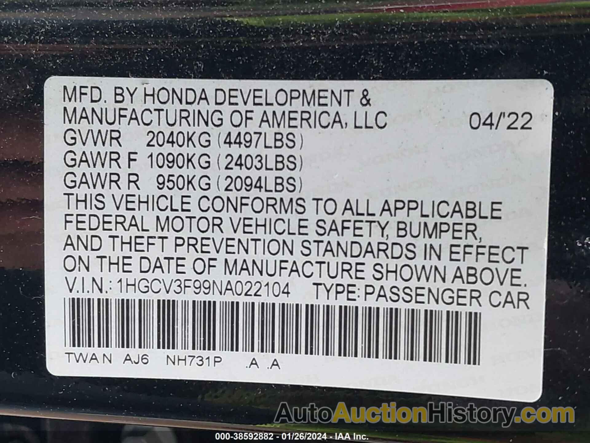 HONDA ACCORD HYBRID TOURING, 1HGCV3F99NA022104