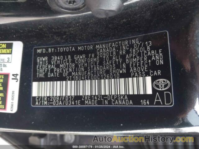 TOYOTA COROLLA S, 2T1BU4EE0DC126010