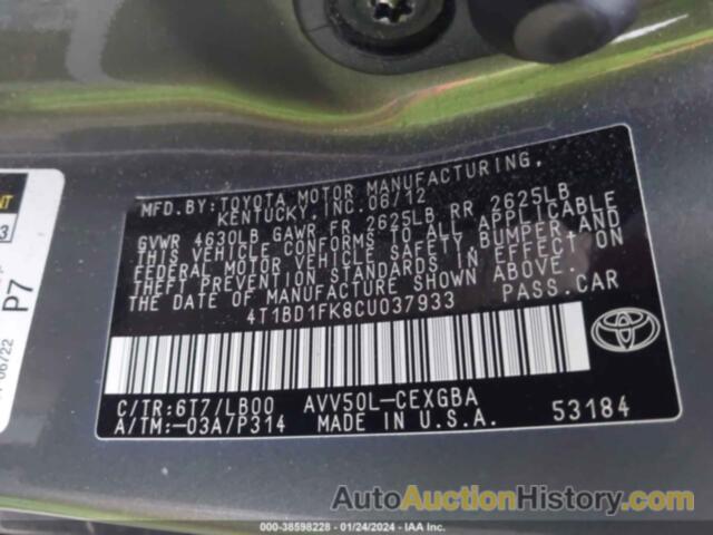 TOYOTA CAMRY HYBRID XLE, 4T1BD1FK8CU037933