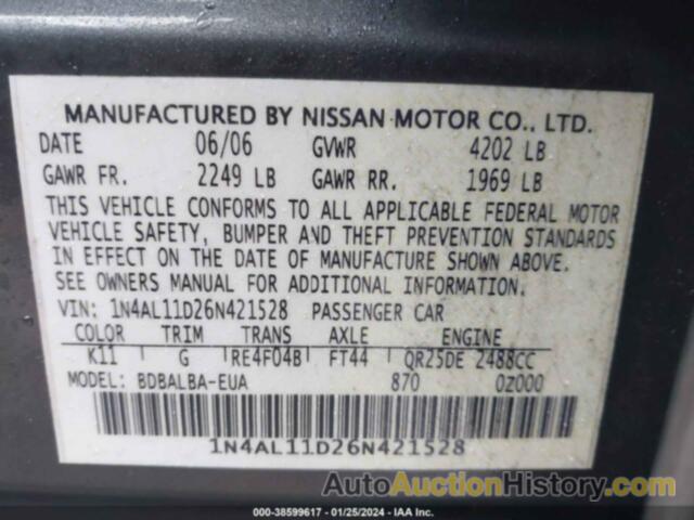 NISSAN ALTIMA 2.5 S, 1N4AL11D26N421528