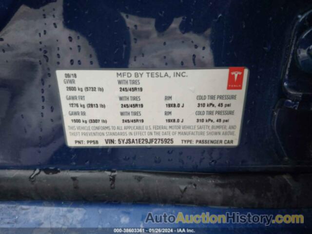 TESLA MODEL S 100D/75D/P100D, 5YJSA1E29JF275925