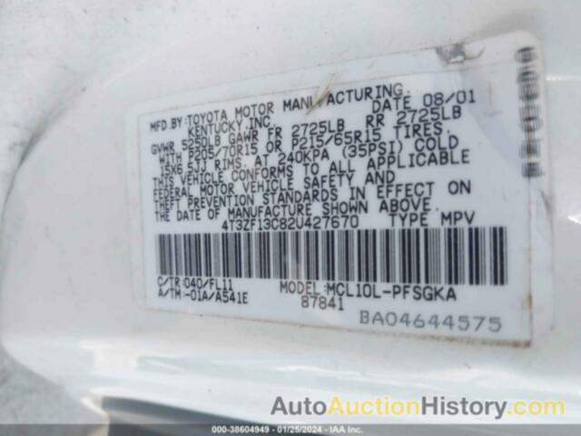 TOYOTA SIENNA XLE, 4T3ZF13C82U427670