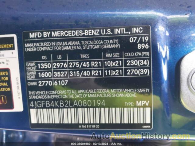 MERCEDES-BENZ GLE 350 4MATIC, 4JGFB4KB2LA080194