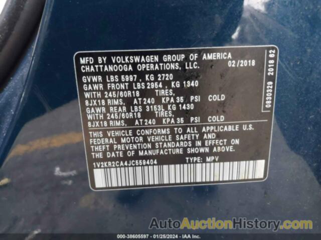 VOLKSWAGEN ATLAS 3.6L V6 SE, 1V2KR2CA4JC559404