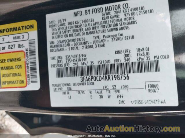 FORD FUSION SEL, 3FA6P0CD4KR198756