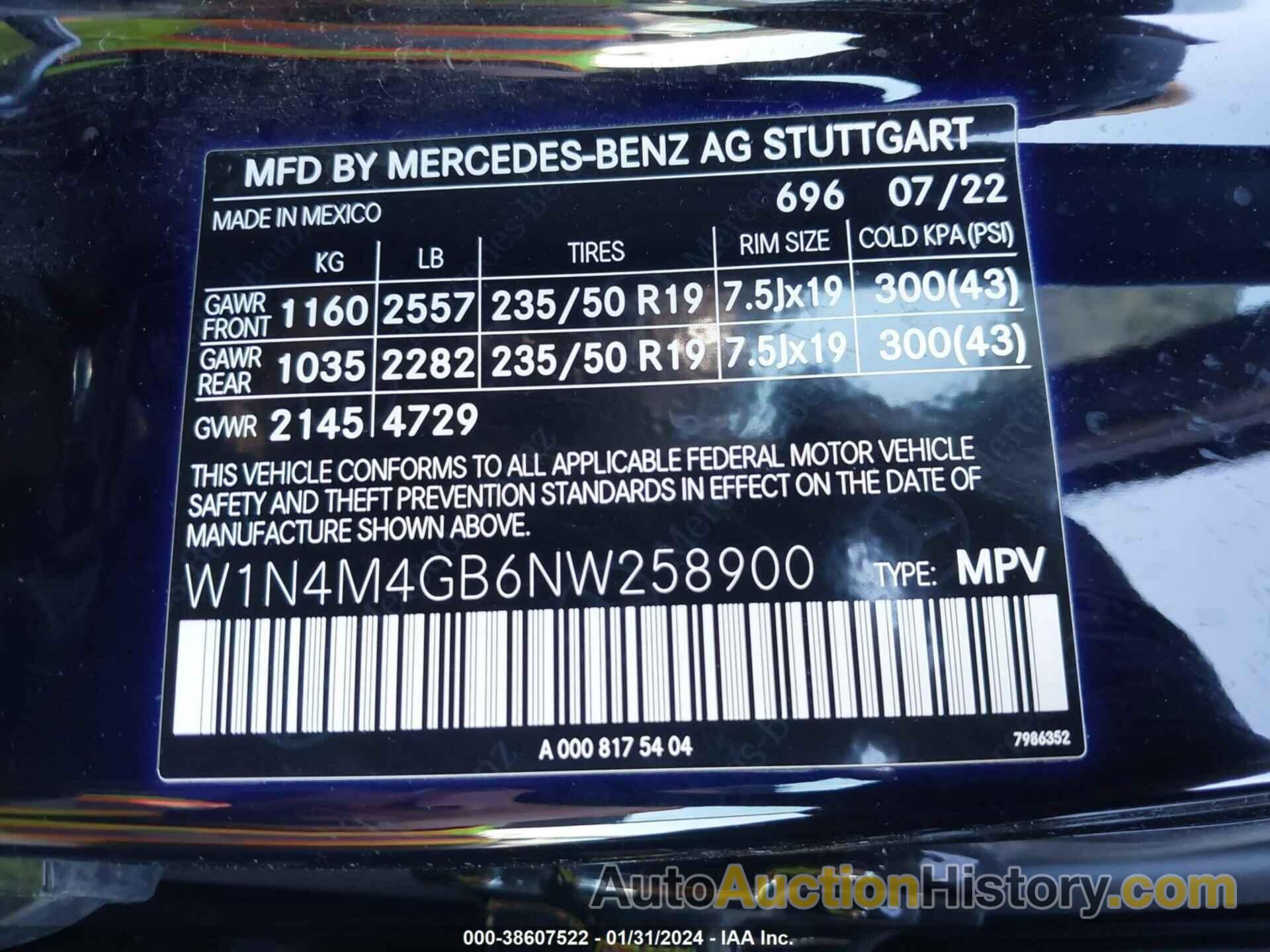 MERCEDES-BENZ GLB 250, W1N4M4GB6NW258900
