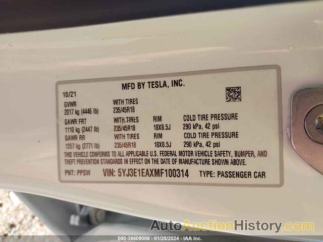 TESLA MODEL 3 STANDARD RANGE PLUS REAR-WHEEL DRIVE, 5YJ3E1EAXMF100314