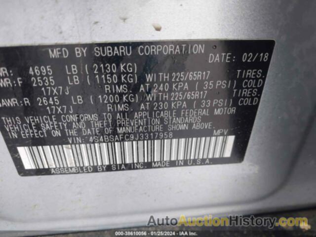 SUBARU OUTBACK 2.5I PREMIUM, 4S4BSAFC9J3317958