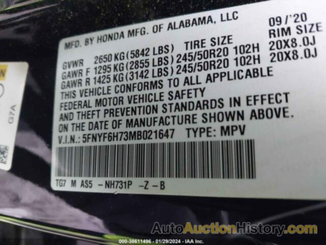 HONDA PILOT AWD BLACK EDITION, 5FNYF6H73MB021647