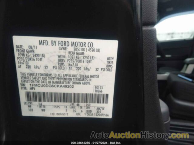 FORD ESCAPE XLT, 1FMCU0DG6CKA49202