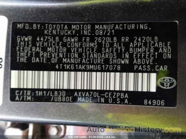 TOYOTA CAMRY XSE, 4T1K61AK9MU617078