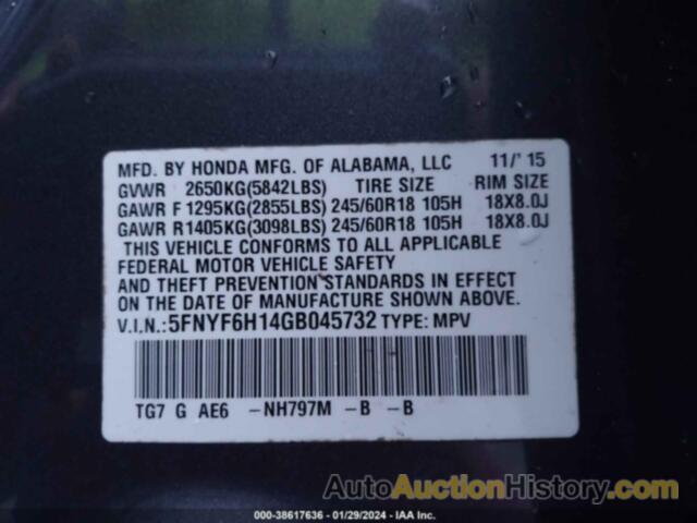 HONDA PILOT LX, 5FNYF6H14GB045732