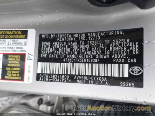 TOYOTA CAMRY HYBRID XLE, 4T1BD1FK5EU109397