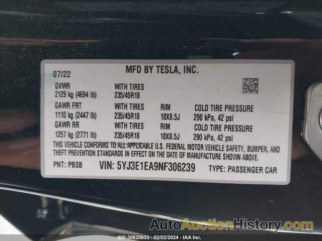 TESLA MODEL 3 REAR-WHEEL DRIVE, 5YJ3E1EA9NF306239