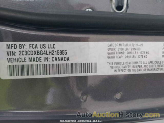 DODGE CHARGER SXT RWD, 2C3CDXBG4LH215955