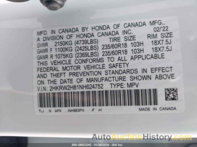 HONDA CR-V AWD EX-L, 2HKRW2H81NH624752