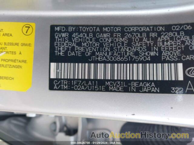 LEXUS ES 330, JTHBA30G865175904