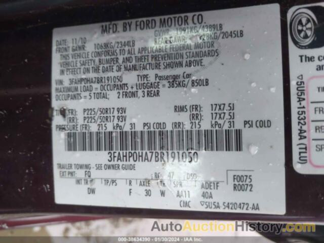 FORD FUSION SE, 3FAHP0HA7BR191050