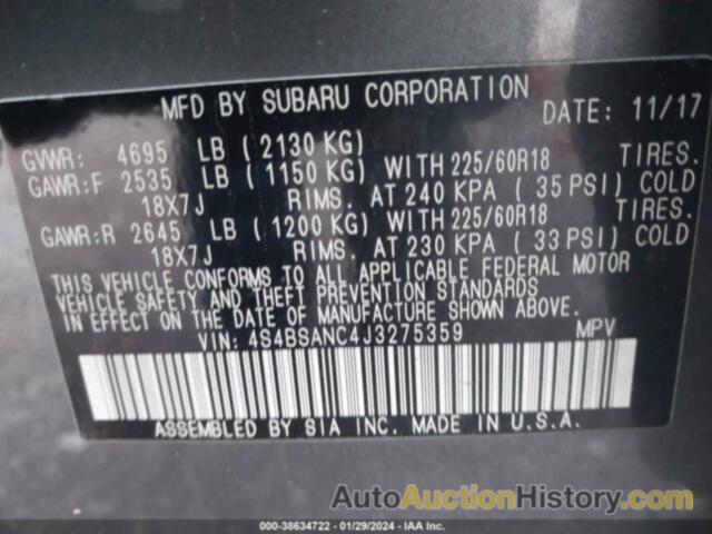 SUBARU OUTBACK 2.5I LIMITED, 4S4BSANC4J3275359